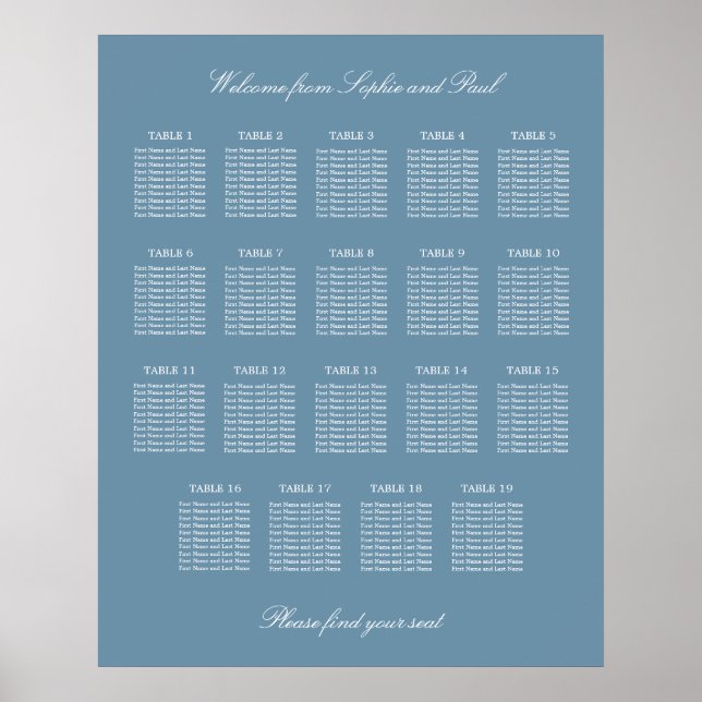 Dusty Blue 19 Table Wedding Seating Chart Poster (Front)