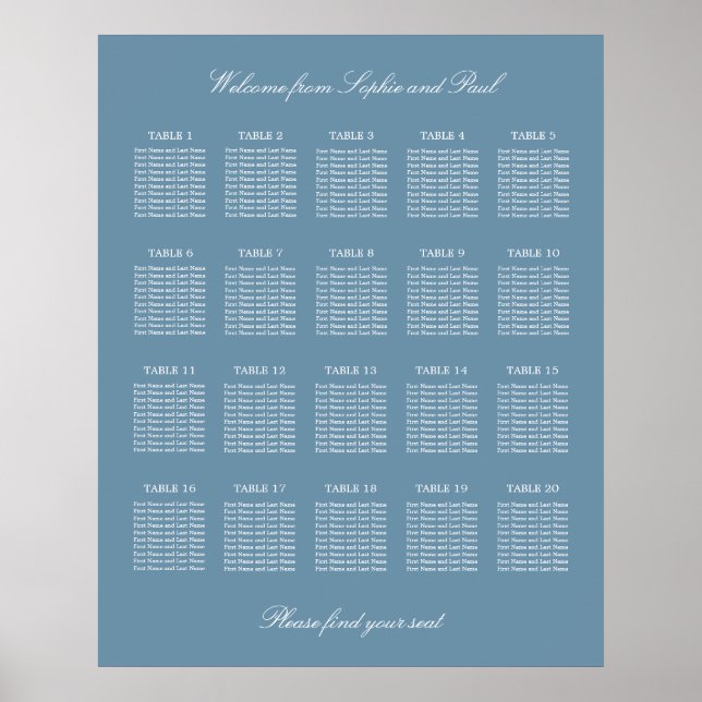 Dusty Blue 20 Table Wedding Seating Chart Poster (Front)