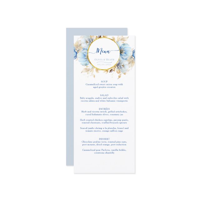 Dusty Blue 2 Floral Gold Wedding  Menu (Front/Back In Situ)