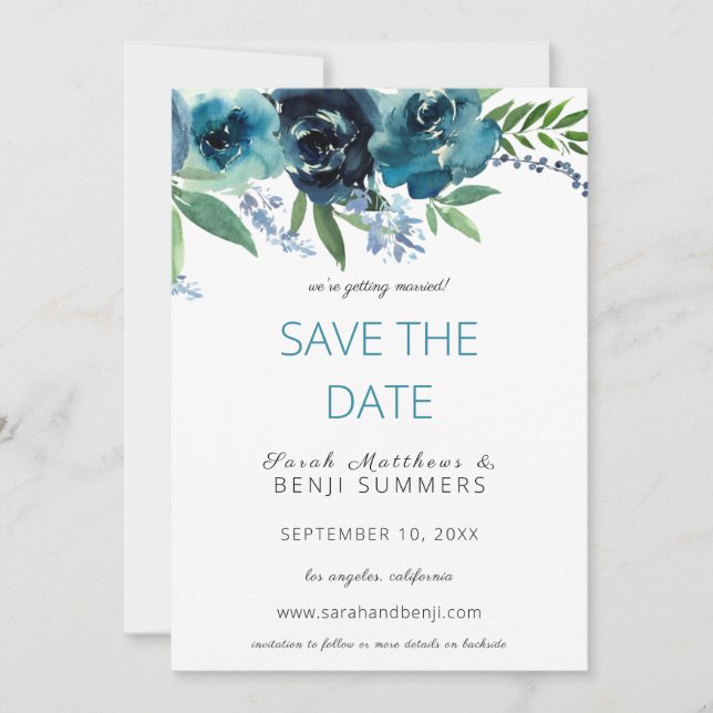 Dusty Blue 2 Floral Save / Change the Date 3 Large Invitation (Front)