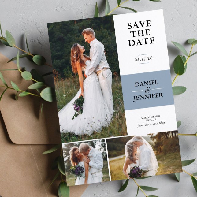 Dusty Blue 3-Photo Gallery Wedding Save The Date (Creator Uploaded)