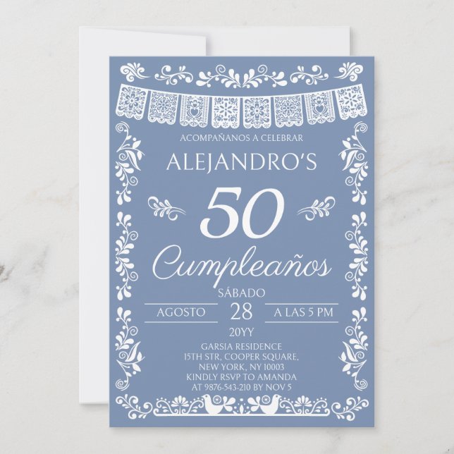 Dusty Blue 50 Cumpleaños Birthday Party Invitation (Front)