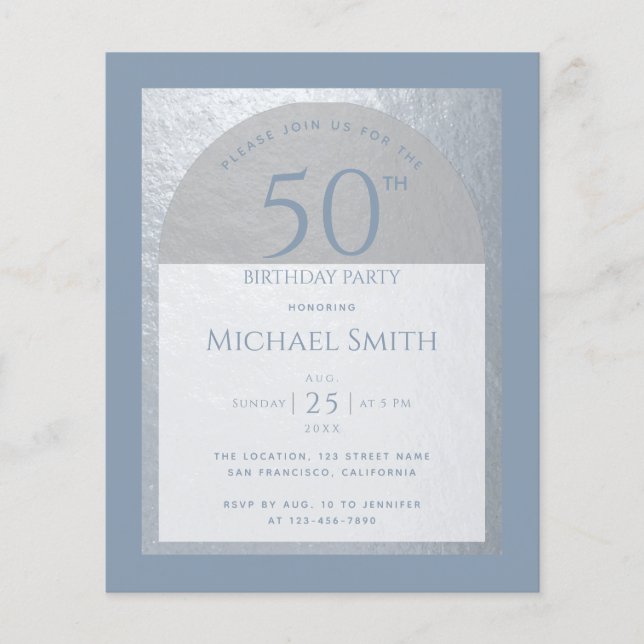 Dusty Blue 50th Birthday Silver Budget Invitation (Front)