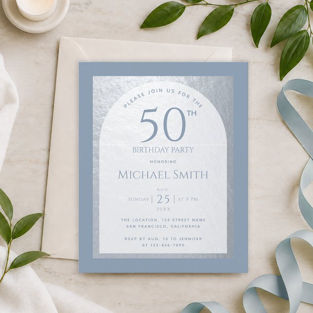 Dusty Blue 50th Birthday Silver Budget Invitation (Creator Uploaded)