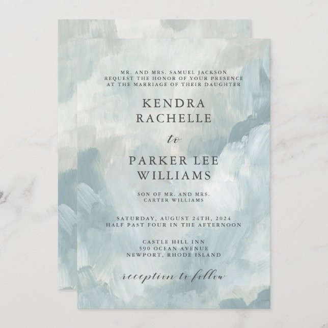 Dusty Blue Abstract Brushstrokes Modern Wedding Invitation (Front/Back)