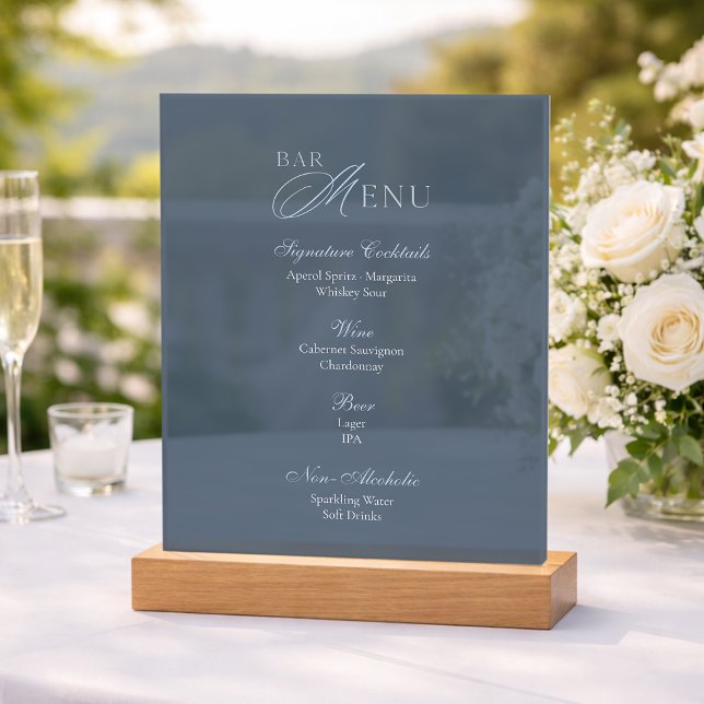 Dusty Blue Acrylic Wedding Bar Menu Sign (Creator Uploaded)