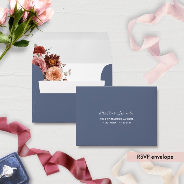Dusty Blue Addressed RSVP,  Burgundy Blush Floral Envelope (Creator Uploaded)