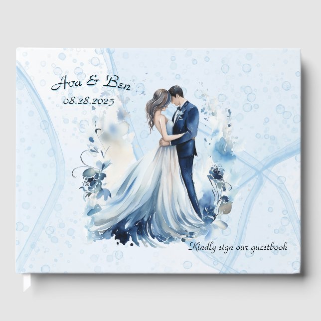 Dusty Blue Alcohol Ink Bride & Groom Wedding Guest Book (Front)