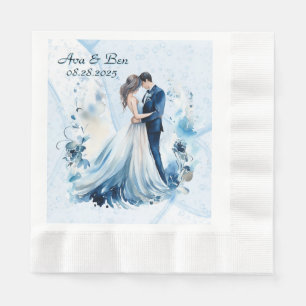 Dusty Blue Alcohol Ink Bride & Groom Wedding Napkin