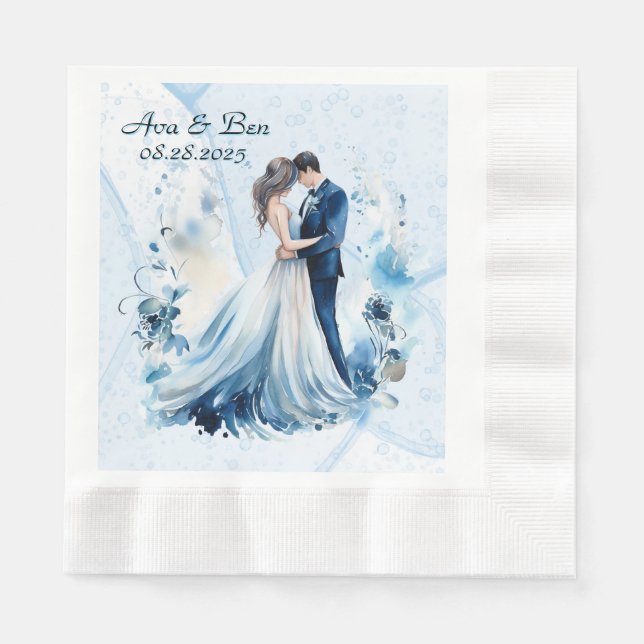 Dusty Blue Alcohol Ink Bride & Groom Wedding Napkin (Front)