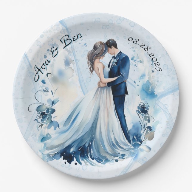 Dusty Blue Alcohol Ink Bride & Groom Wedding Paper Plate (Front)