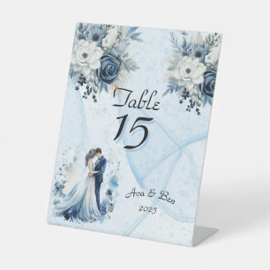 Dusty Blue Alcohol Ink Bride & Groom Wedding Pedestal Sign