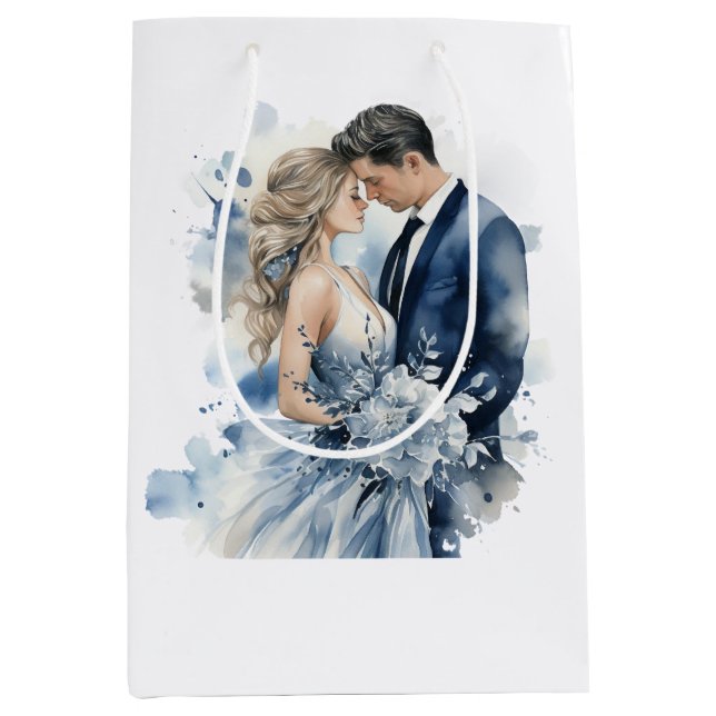 Dusty Blue Alcohol Ink Floral Wedding Medium Gift Bag (Front)
