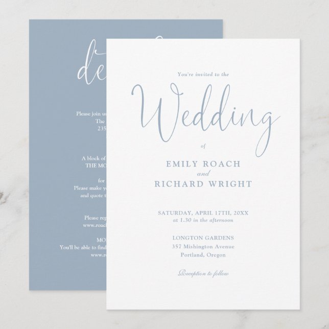Dusty Blue All In One Elegant Script Wedding Invitation (Front/Back)