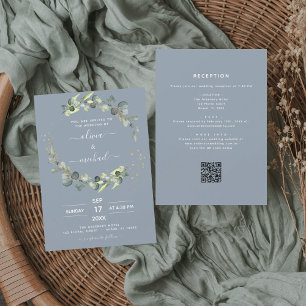 Dusty Blue All in One Eucalyptus QR Code Wedding Invitation