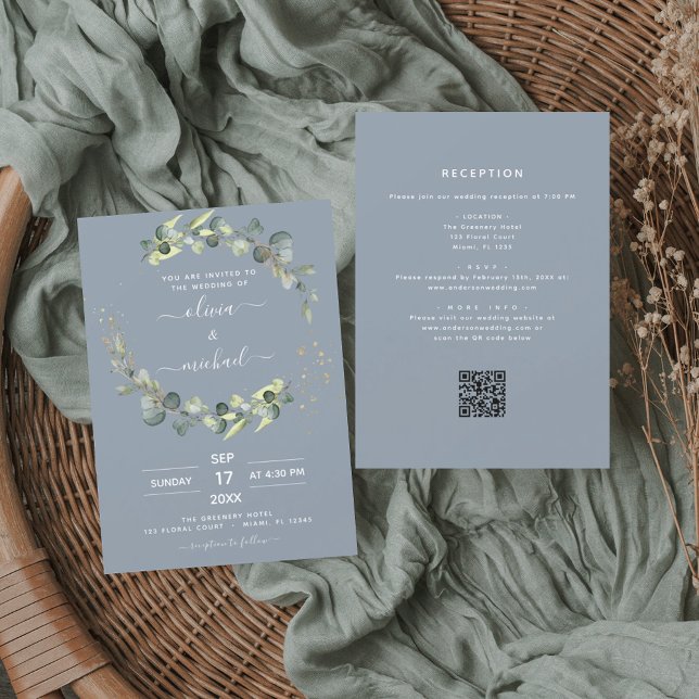 Dusty Blue All in One Eucalyptus QR Code Wedding Invitation (Creator Uploaded)