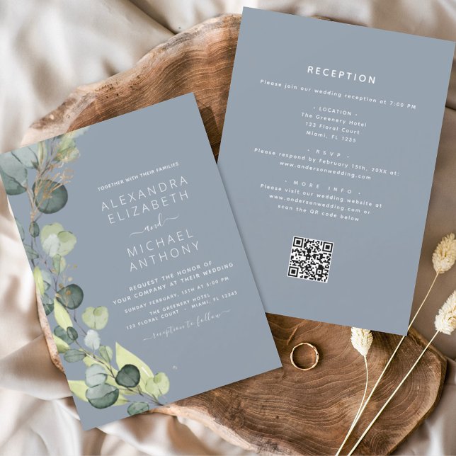 Dusty Blue All in One Eucalyptus QR Code Wedding Invitation (Creator Uploaded)