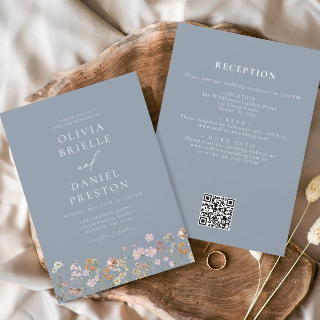 Dusty Blue All in One Wildflower QR Code Wedding Invitation (Creator Uploaded)