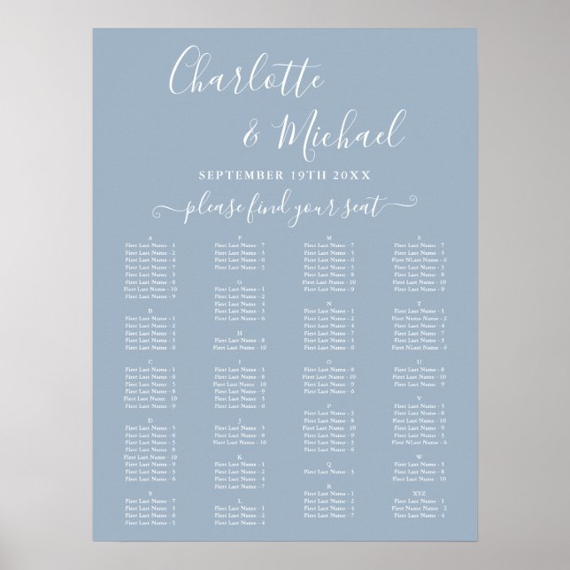 Dusty Blue Alphabetical Wedding Seating Chart (Front)