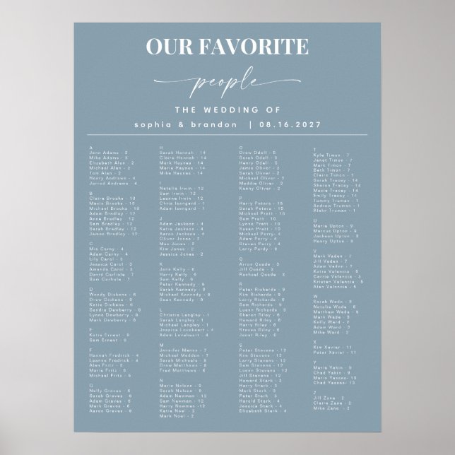 Dusty Blue Alphabetical Wedding Seating Chart (Front)