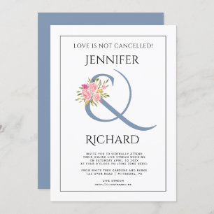 Dusty blue ampersand, pink rose virtual wedding invitation