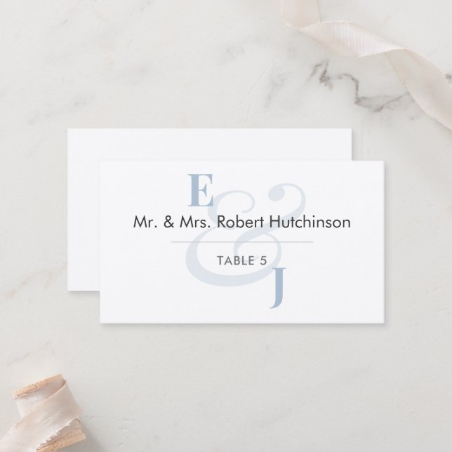 Dusty Blue Ampersand Wedding | Flat Table Seating  Place Card (Front/Back In Situ)