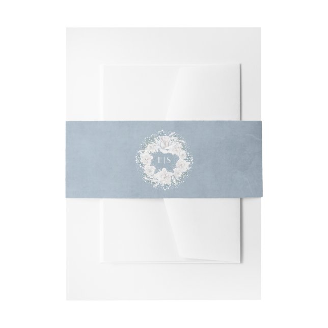 Dusty Blue and Baby's Breath Floral Wreath Invitation Belly Band (Front Example)