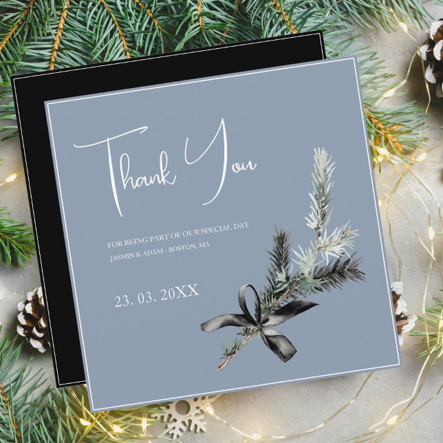 Dusty Blue and Black Christmas Twig Wedding Thank You Card (Creator Uploaded)