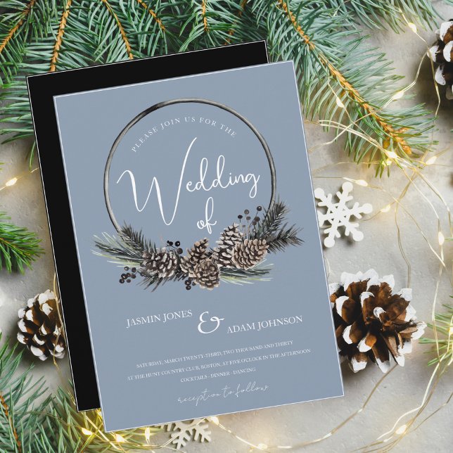 Dusty Blue and Black Christmas Wreath Wedding Invitation (Creator Uploaded)