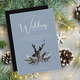 Dusty Blue and Black Dear Head Christmas Wedding Invitation