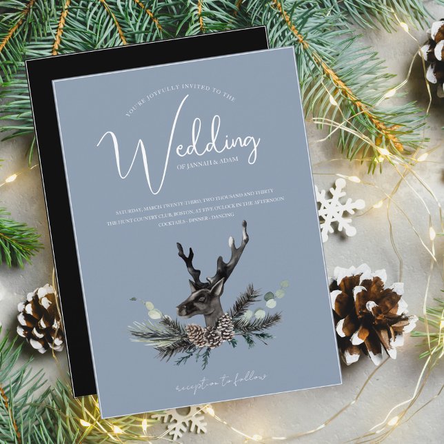 Dusty Blue and Black Dear Head Christmas Wedding Invitation (Creator Uploaded)