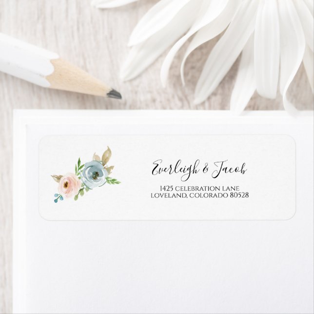 Dusty Blue and Blush Floral Wedding Return Address (Insitu)