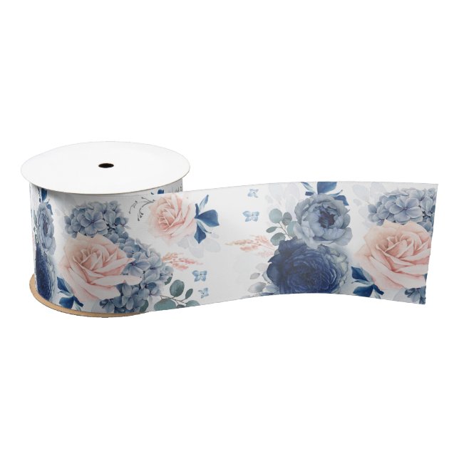 Dusty Blue and Blush Pink Floral Elegant Romantic Satin Ribbon (Spool)