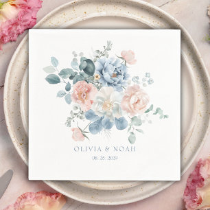 Dusty Blue and Blush Pink Floral Garden Wedding Napkin