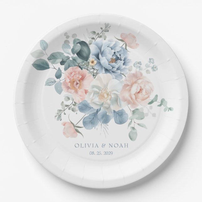 Dusty Blue and Blush Pink Floral Garden Wedding Paper Plate (Front)