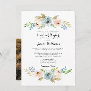Dusty Blue and Blush Pink Floral Photo Wedding Invitation