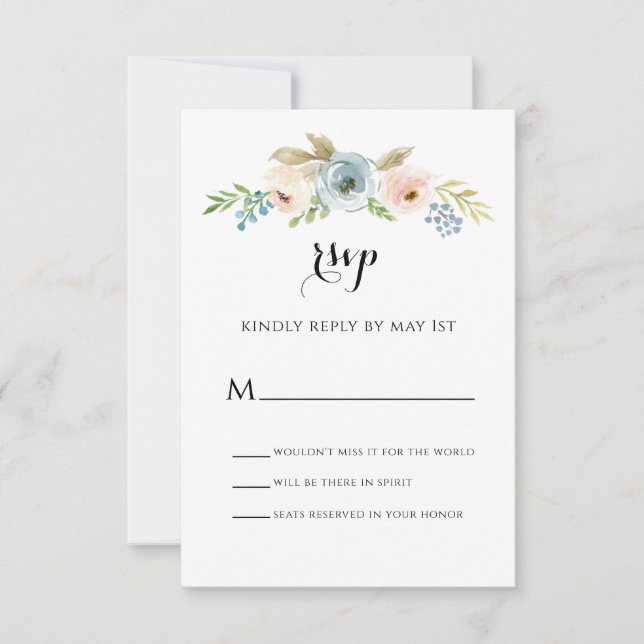 Dusty Blue and Blush Pink Floral Wedding RSVP Card (Front)