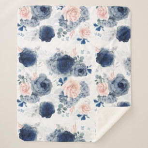 Dusty Blue and Blush Pink Flowers Elegant Stylish Sherpa Blanket