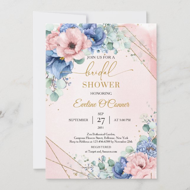 Dusty blue and blush pink flowers gold frame invitation (Front)