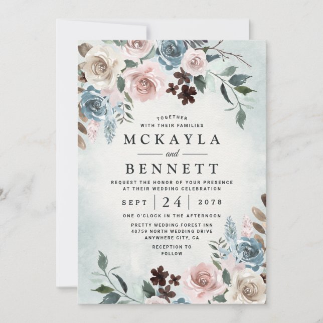 Dusty Blue and Blush Pink Mauve Floral Wedding Invitation (Front)