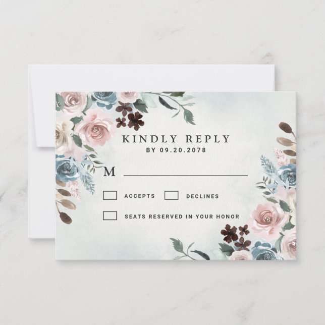 Dusty Blue and Blush Pink Mauve Floral Wedding RSVP Card (Front)