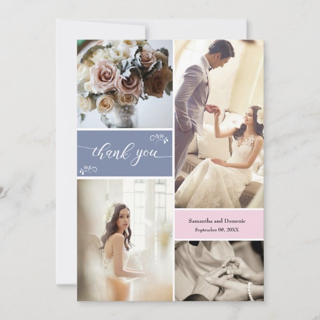 Dusty blue and Blush Pink Script Thank you Collage Card (Front)