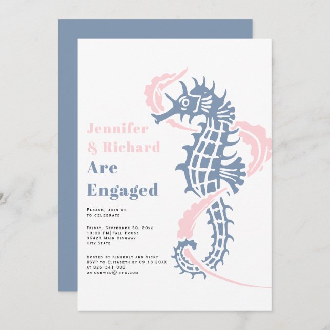 Dusty blue and blush seahorse engagement party invitation (Front/Back)