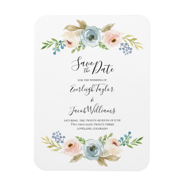 Dusty Blue and Blush Wedding Save the Date Magnet (Vertical)