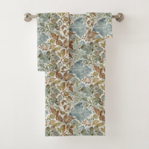 Dusty Blue and Brown Botanical Leaf Bath Towel Set