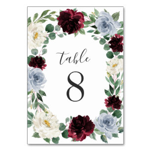 Dusty Blue and Burgundy Cranberry Fall Wedding Table Number