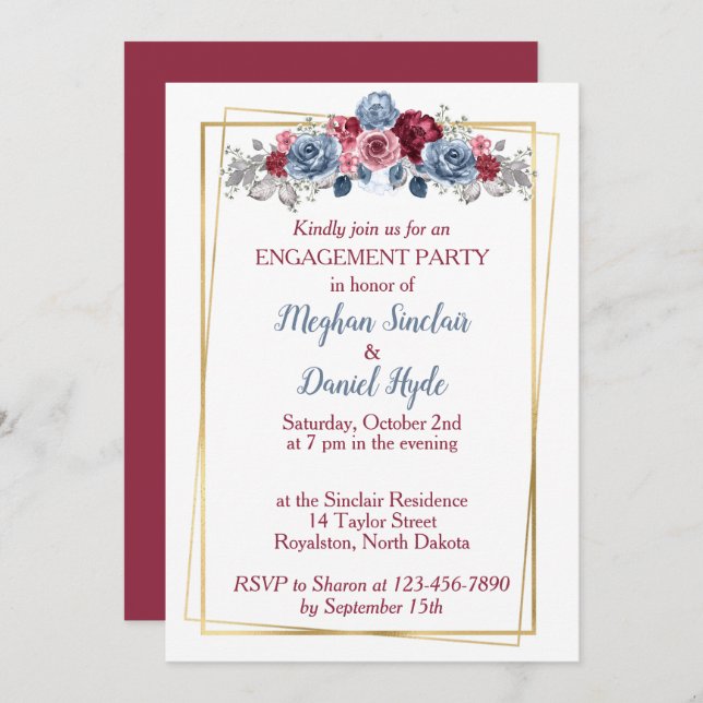 Dusty Blue and Burgundy Engagement Party   Invitation (Front/Back)