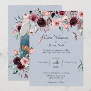 Dusty Blue and Burgundy Floral Photo Arch Wedding Invitation
