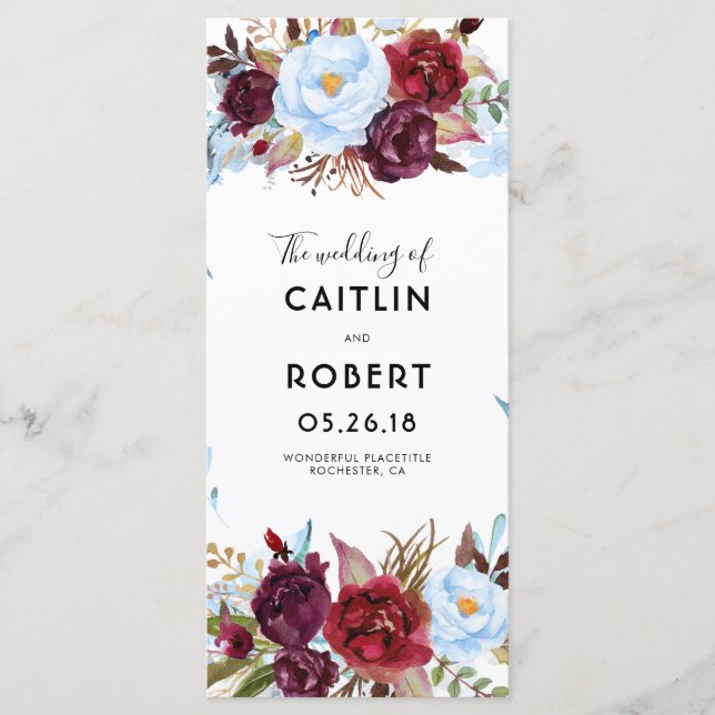 Dusty Blue and Burgundy Floral Wedding Programs Programme (Front)