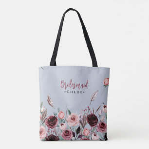 Dusty Blue and Burgundy Flowers Bridesmaid Tote Bag